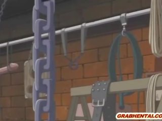 Chained anime brunette gets dildoed pussy and superior sucking stiff putz
