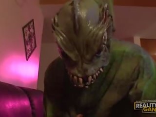 Little groovy brunette fucked hard by guy with monster costume
