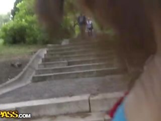 Young cutie clips her tits in a public streets film