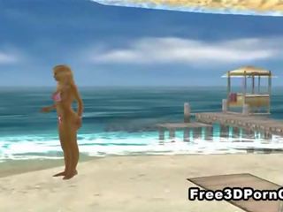 Sensational 3D cartoon blonde masturbating on the beach