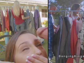 Brunette has sneaky sex film at yard sale