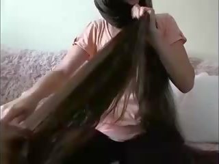 Alluring long haired brunette hairplay hair brush udan hair